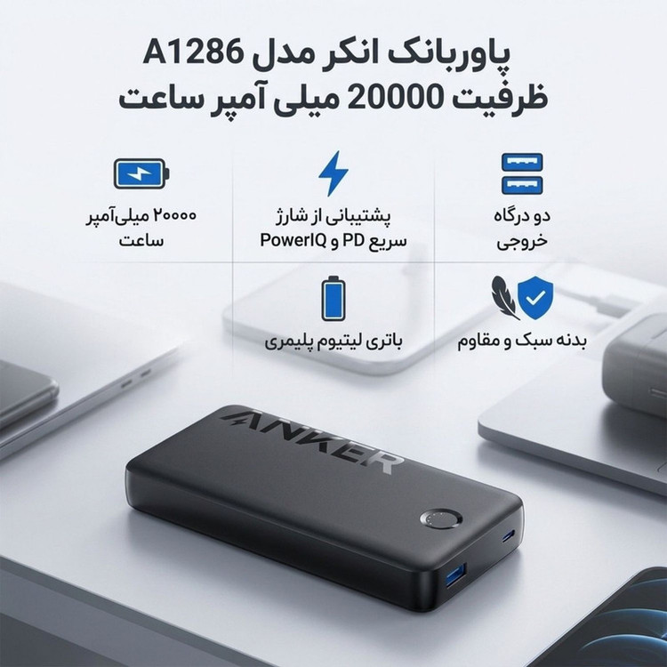پاوربانک انکر مدل A1286 ظرفیت 20000 میلی آمپر ساعت